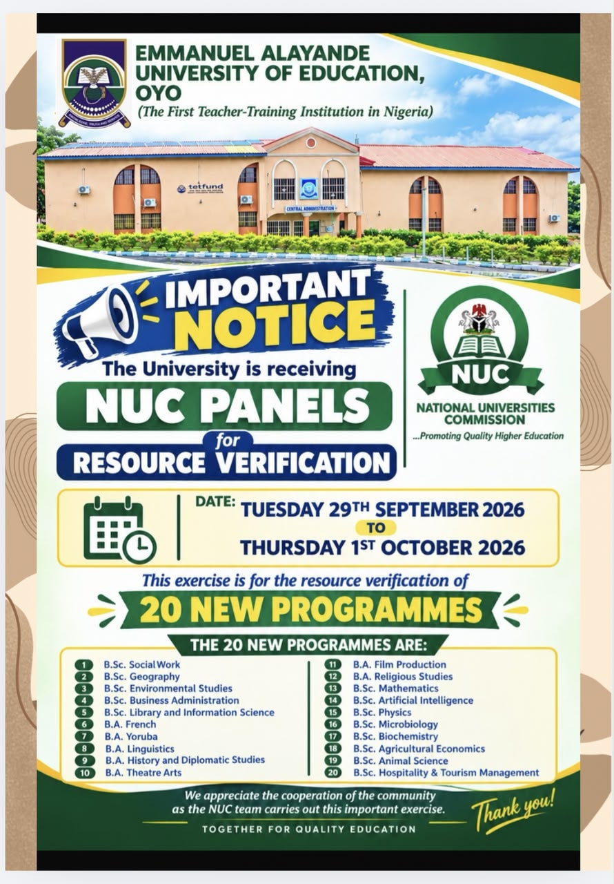 The University is receiving NUC Personnel for Resource Verification for 20 new courses from Tuesday 29 to Thursday 1 October 2026.