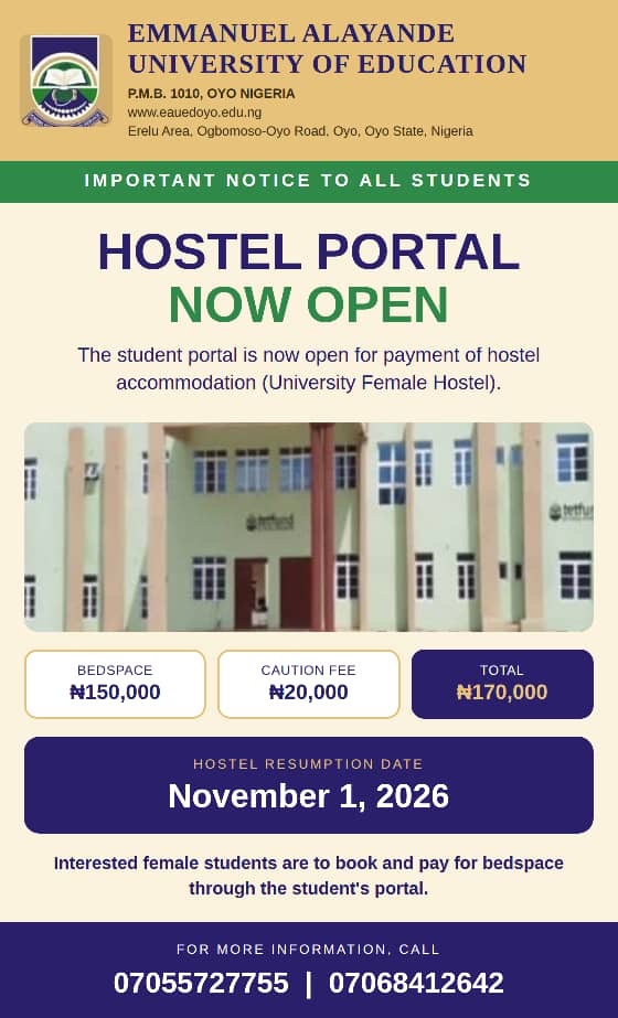UNIVERSITY HOSTEL IS NOW OPEN FOR FRESHER TO OCCUPY FEMALE ONLY.