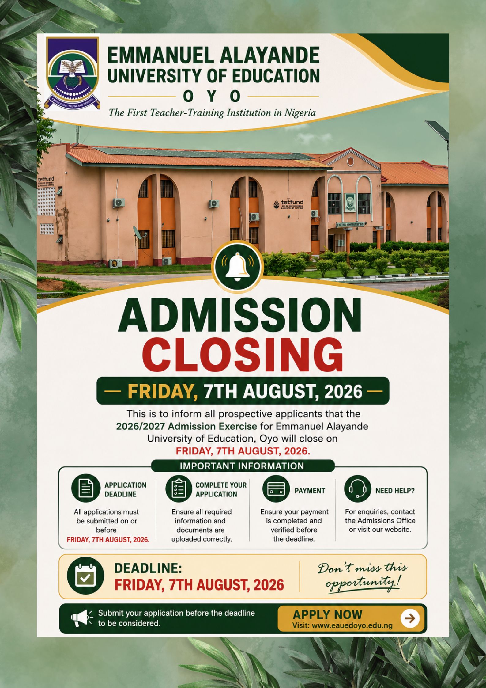 2026/2027 UTME Admission Exercise for EAUEDOYO, will close on Friday, August 7th 2026. - Hero background
